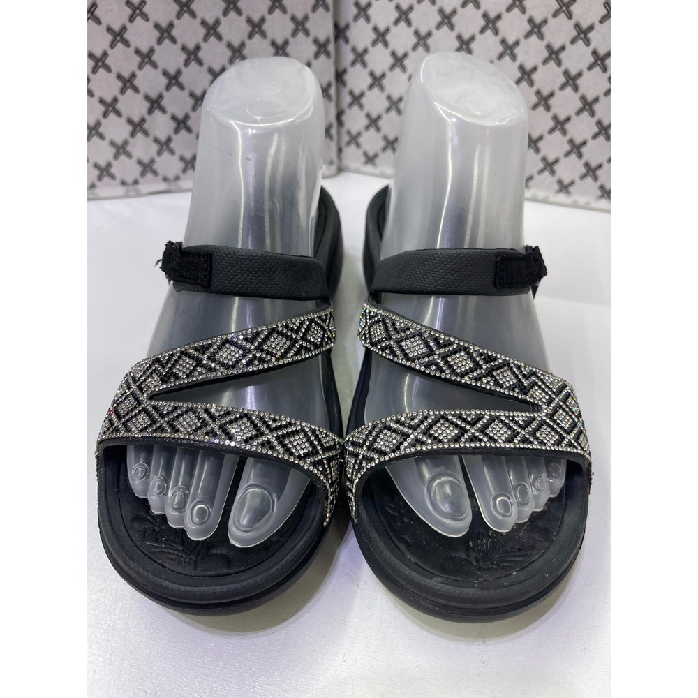 Skechers Foamies Arch Fit Sandals Womens 7 Black Rhinestone Strappy Slides